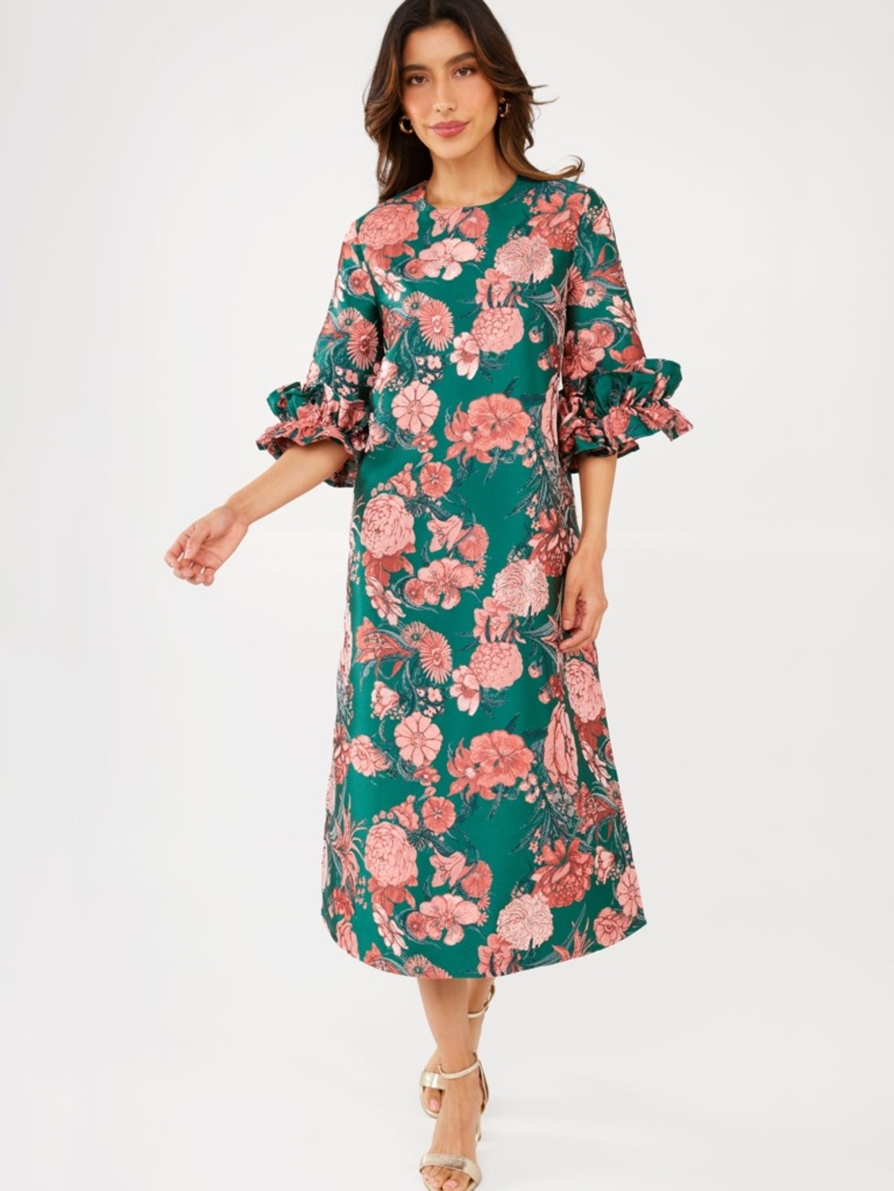 Teal Floral Midi Dress with Pink Bloom Print - Picture 3 of 7
